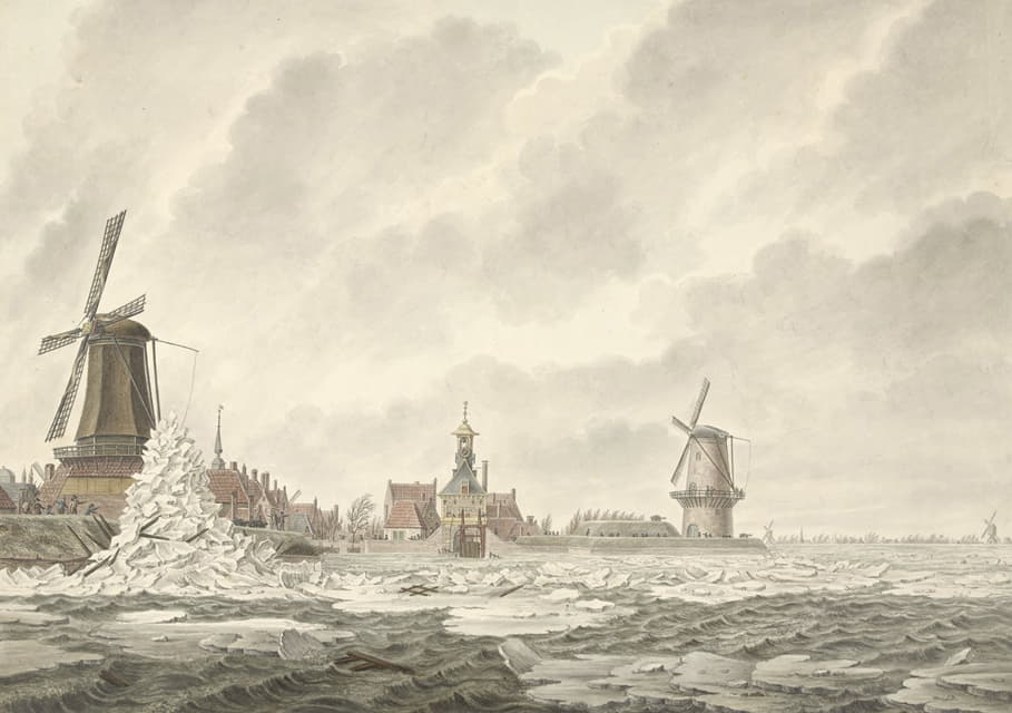 Cornelis de Jonker - Gezicht van de opkruijing van het ijs, op en tegen de borstwering agter de Runmolen te Gorinchem, den 20.n Februarij 1799