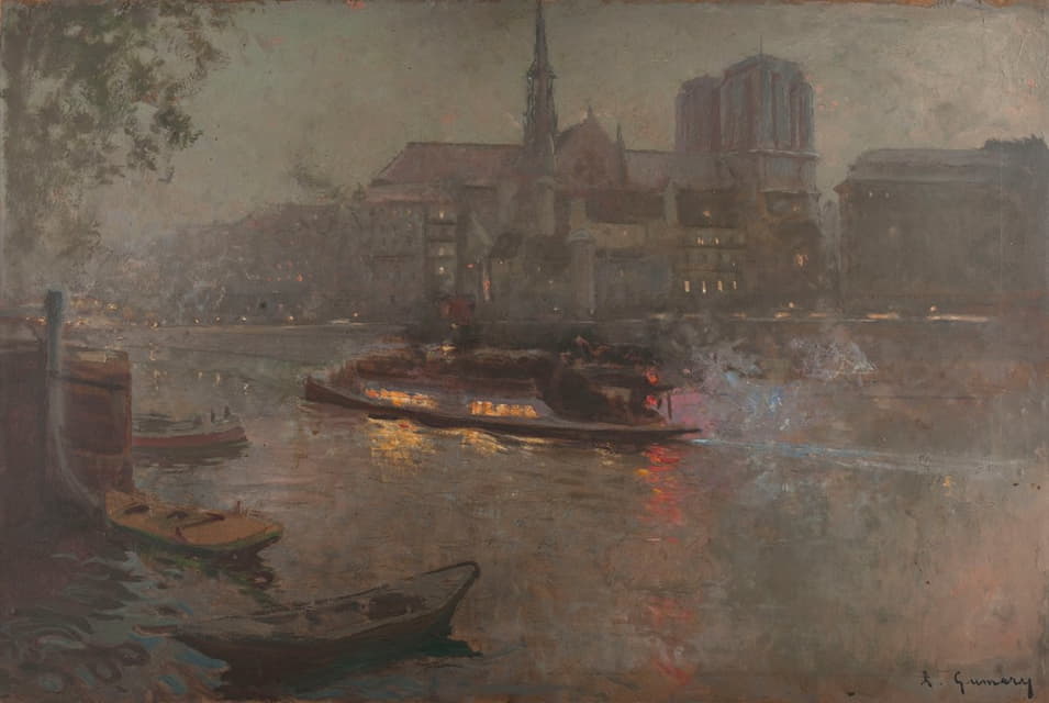 Adolphe-Ernest Gumery - Bateau-Mouche sur la Seine, le soir, devant Notre-Dame