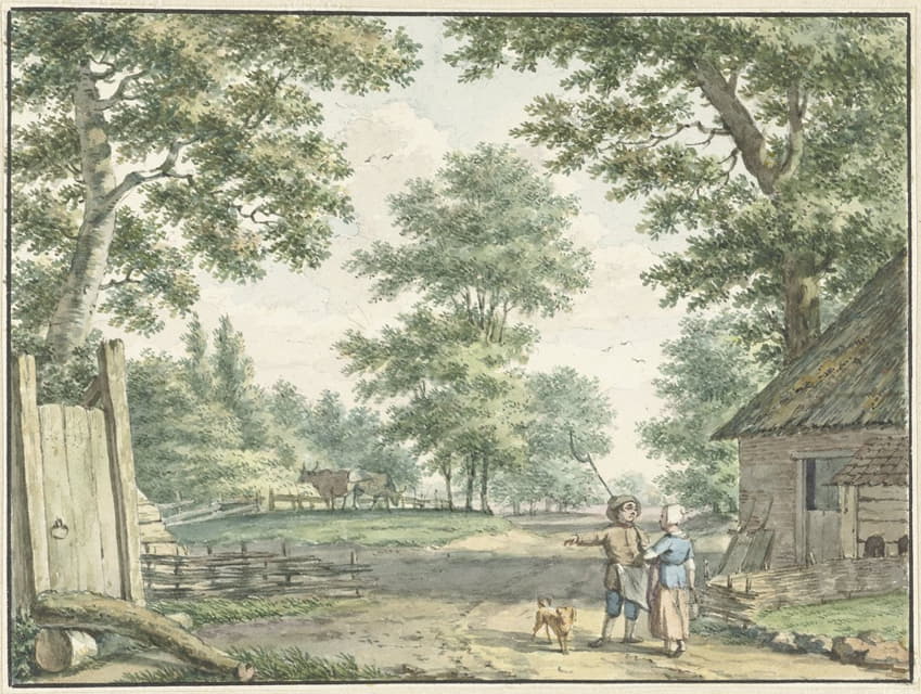 Izaak Schmidt - Landschap met twee personen bij een boerenwoning