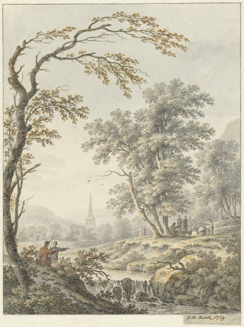 Johann Heinrich Müntz - Landschap met waterval en in de verte een kerk