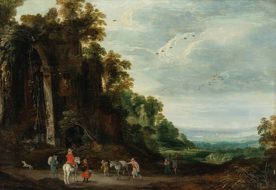 Joos de Momper - A wooded landscape with a rider conversing with peasants near an overgrown castle