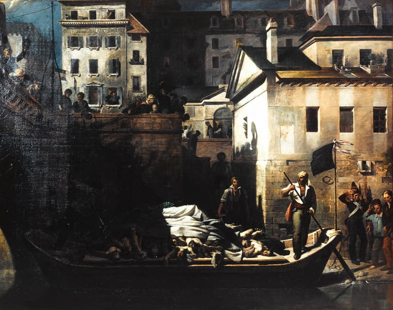 Louis Alexandre Péron - Transport de nuit, au Gros-Caillou, des cadavres non reconnus à la morgue, après les journées de juillet 1830, quai du Marché-Neuf