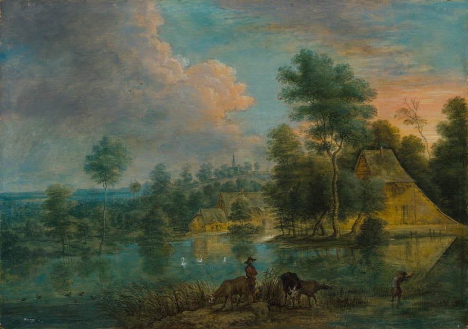 Lucas van Uden - A river landscape with travellers