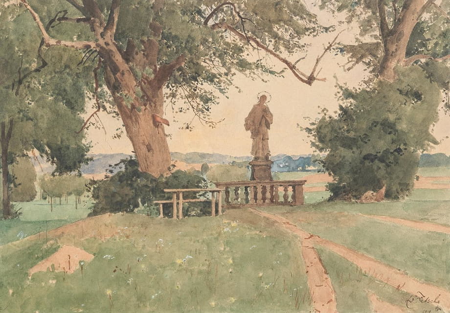 Eduard Zetsche - Landschaft mit Nepomuk-Statue