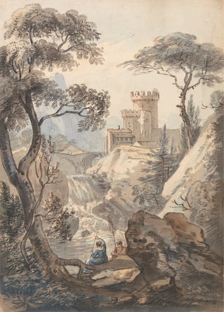 Paul Sandby - Italianate Landscape with Castle, Cascade and Anglers