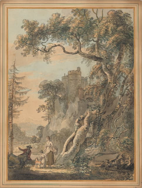 Paul Sandby - Romantic Landscape – Peasants at the Foot of a Castle on a Crag