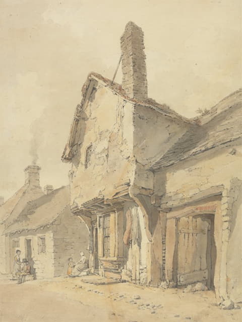 William Alexander - A Village Street, Figures by Old Cottages