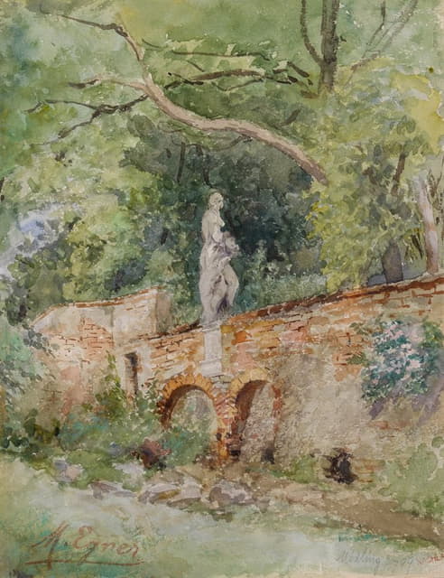 Marie Egner - Ziegelbrücke mit einer Steinfigur Mödling