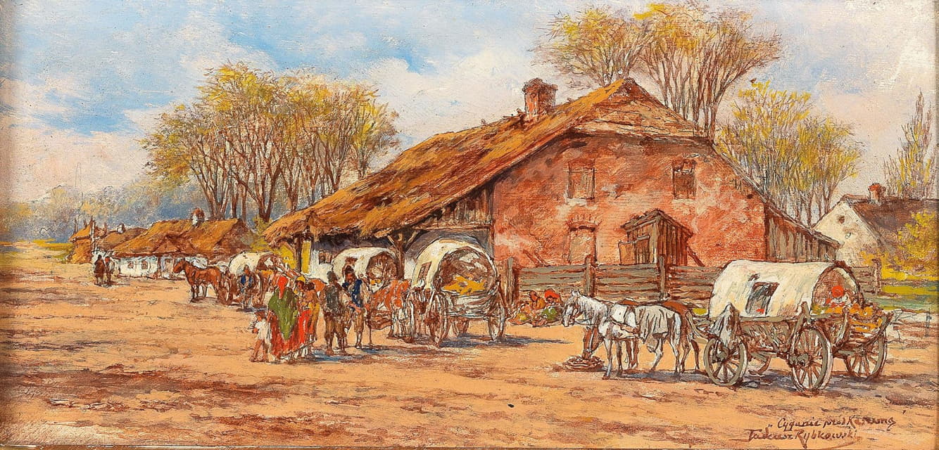 Tadeusz Rybkowski - Horses and Carts in a Polish Village