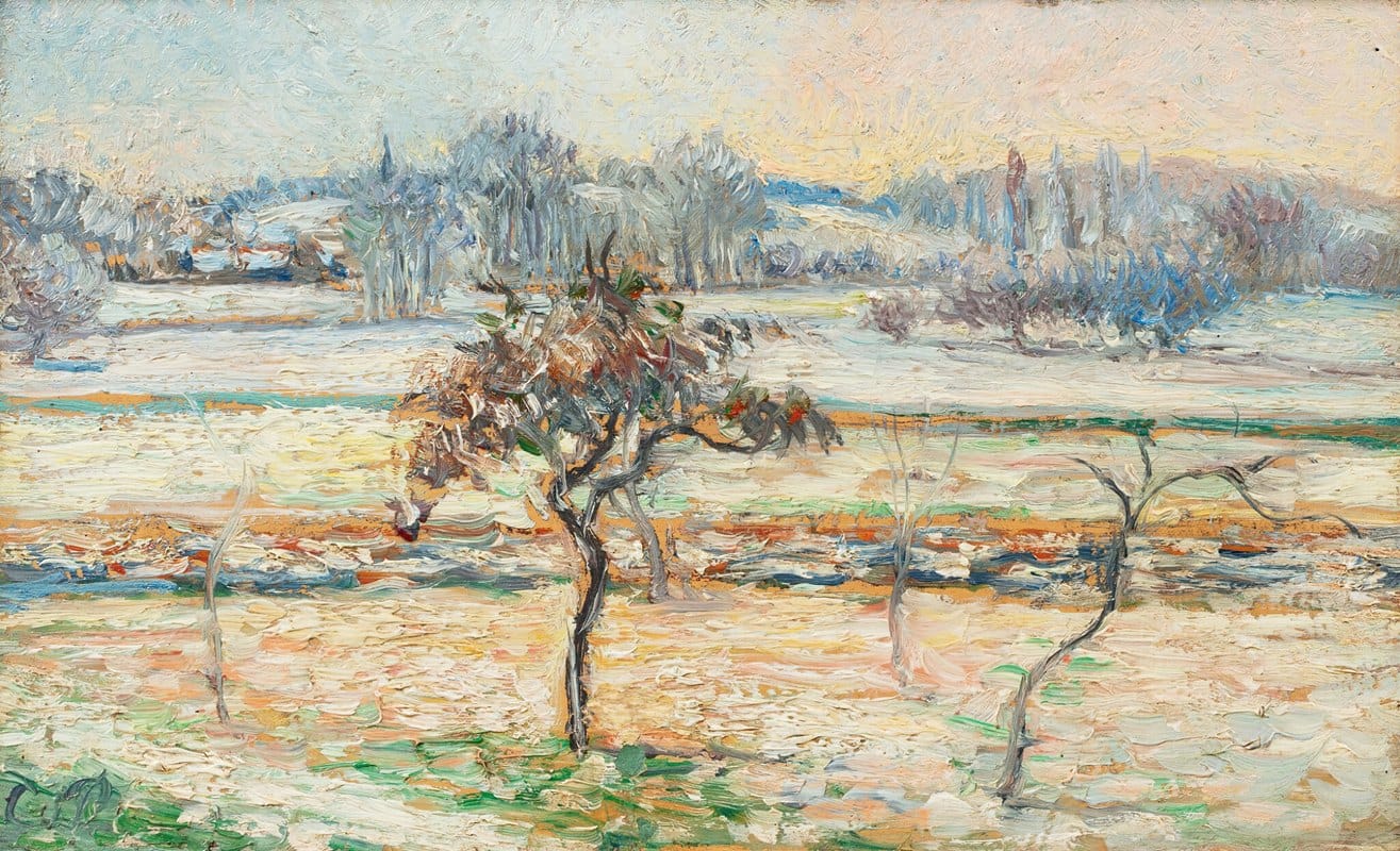 Camille Pissarro - Vue sur le village de Bazincourt, neige