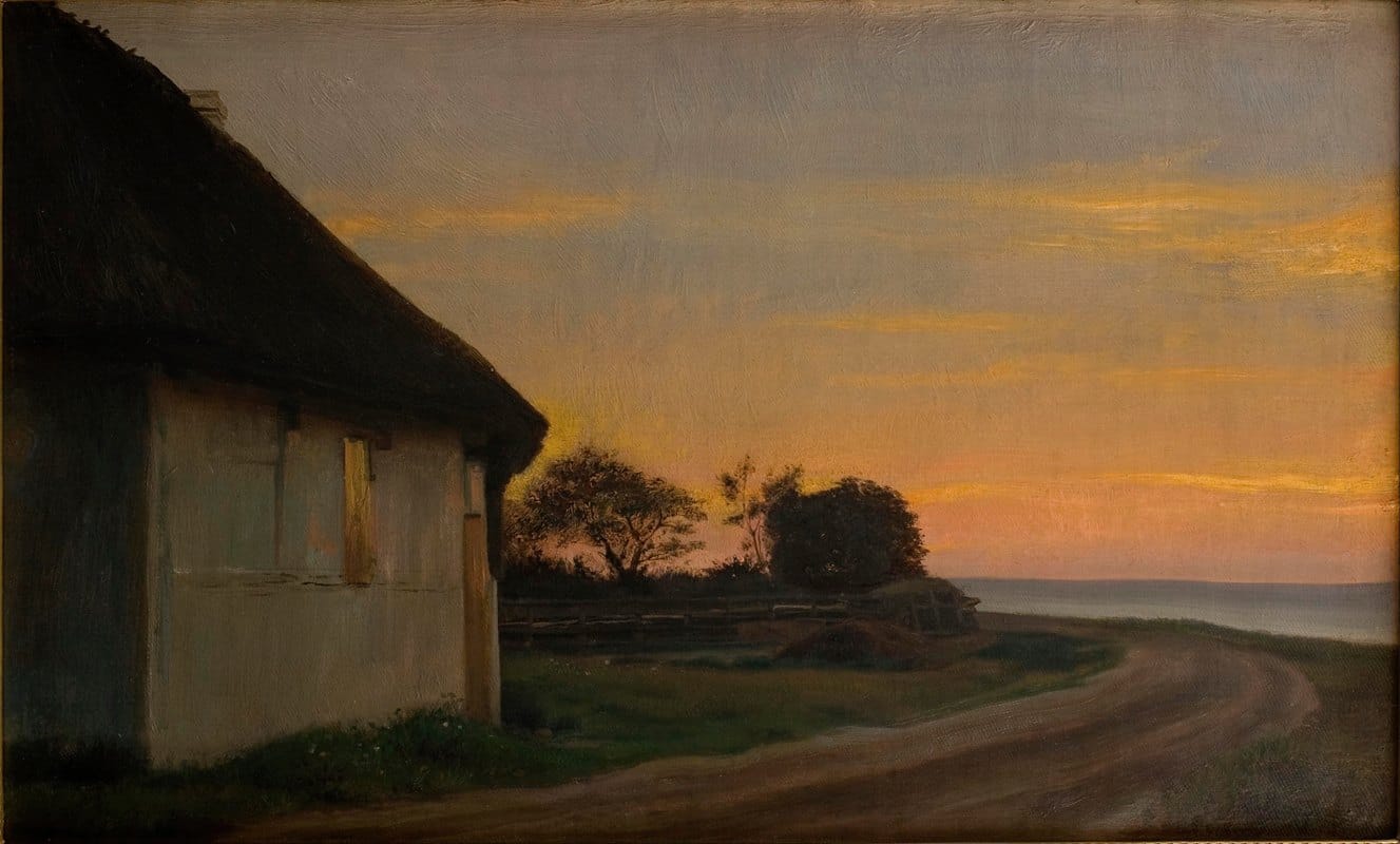 Carl Bloch - Evening lanscape with a house and garden by the sea. Ellekilde