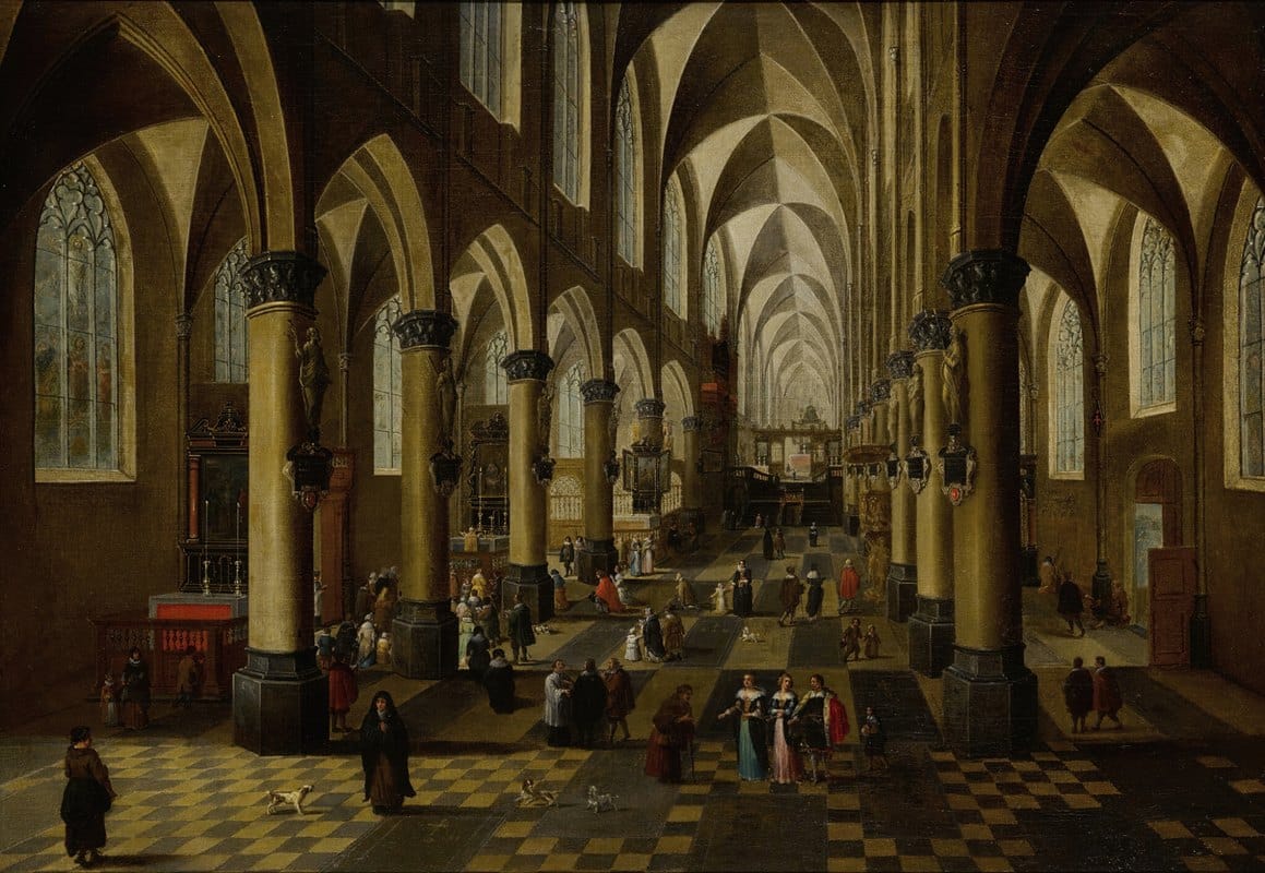 Pieter Neeffs the younger - The Church of Saint Walburga in Antwerp, with a Mass being said, many figures, and a door open on the right