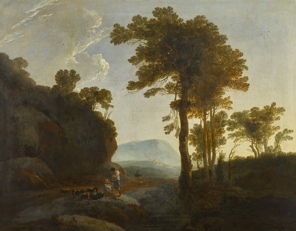Thomas Jones - Extensive landscape with a shepherd and shepherdess and their flock