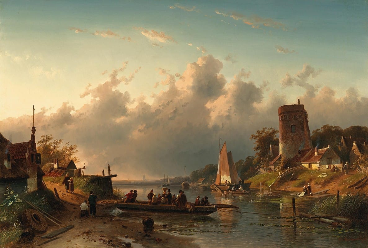 Charles Leickert - A ferry crossing a river in the evening