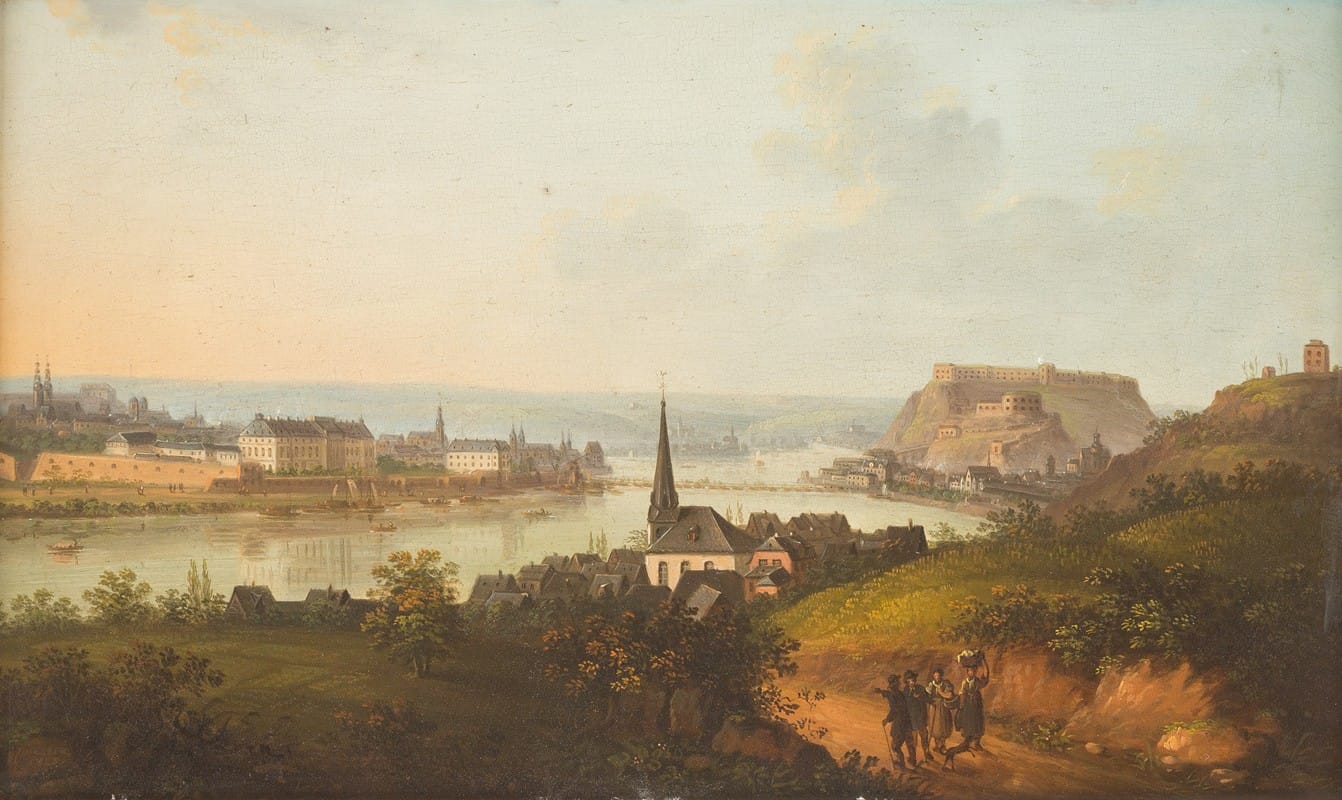 Jakob Diezler - River Rhine at Koblenz overlooking castle and fort Ehrenbreitstein