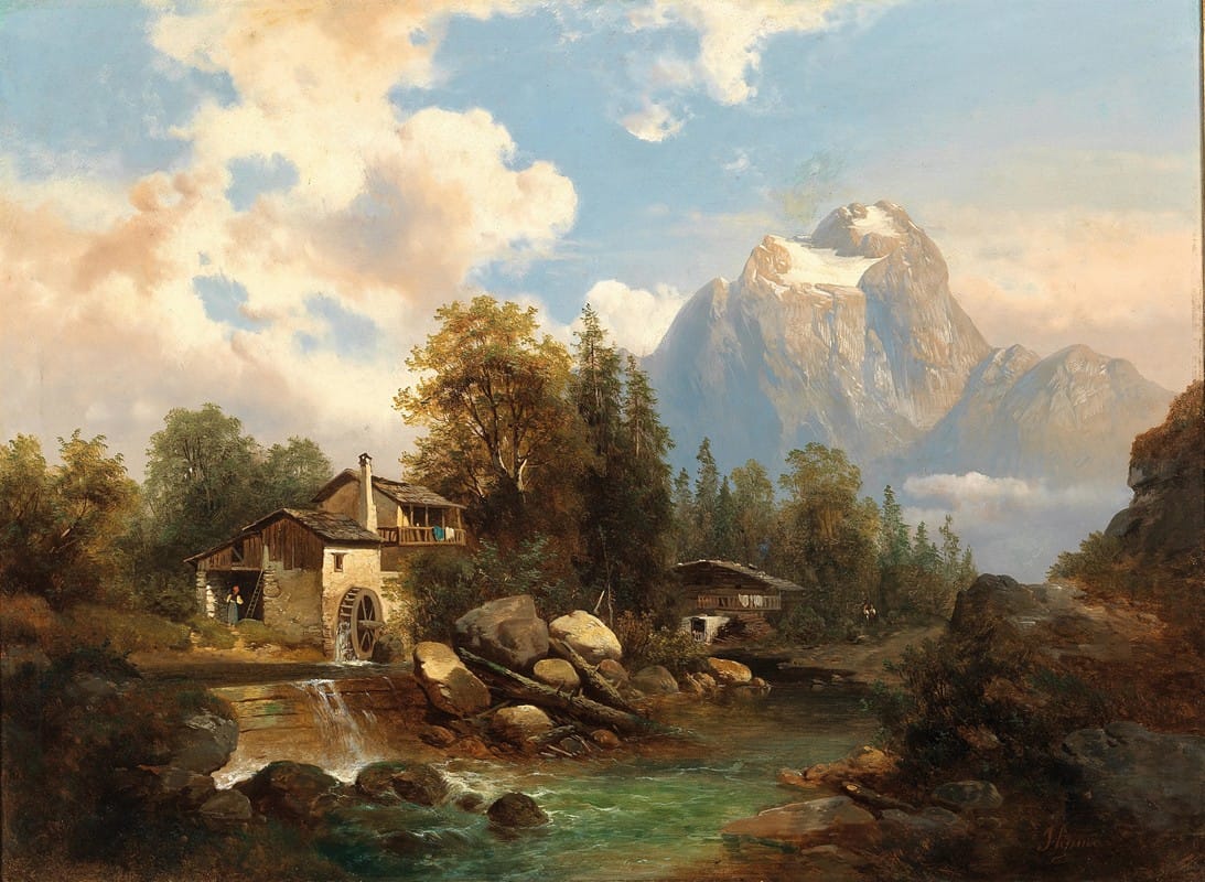 Josef Thoma - A Mill by a Mountain River, in the Background the Dachstein Massif