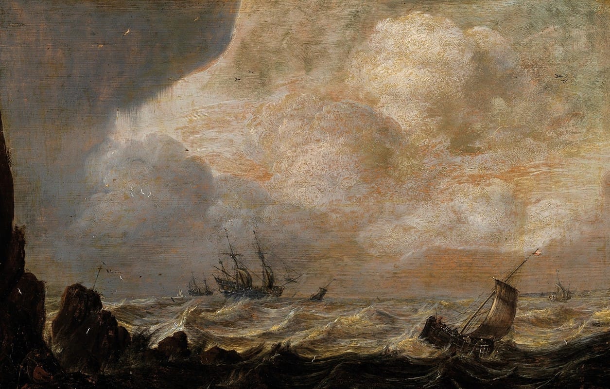 Pieter Mulier the Elder - Ships near the coast on a rough sea