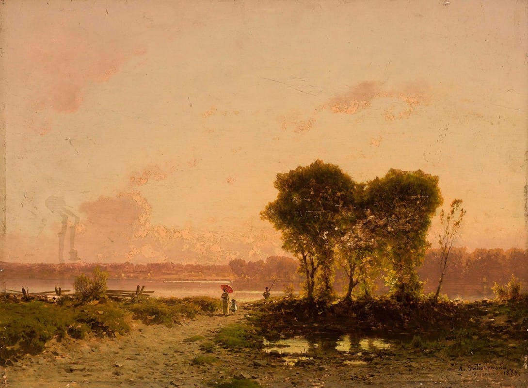 Aleksander Swieszewski - Landscape with a riverat sunset