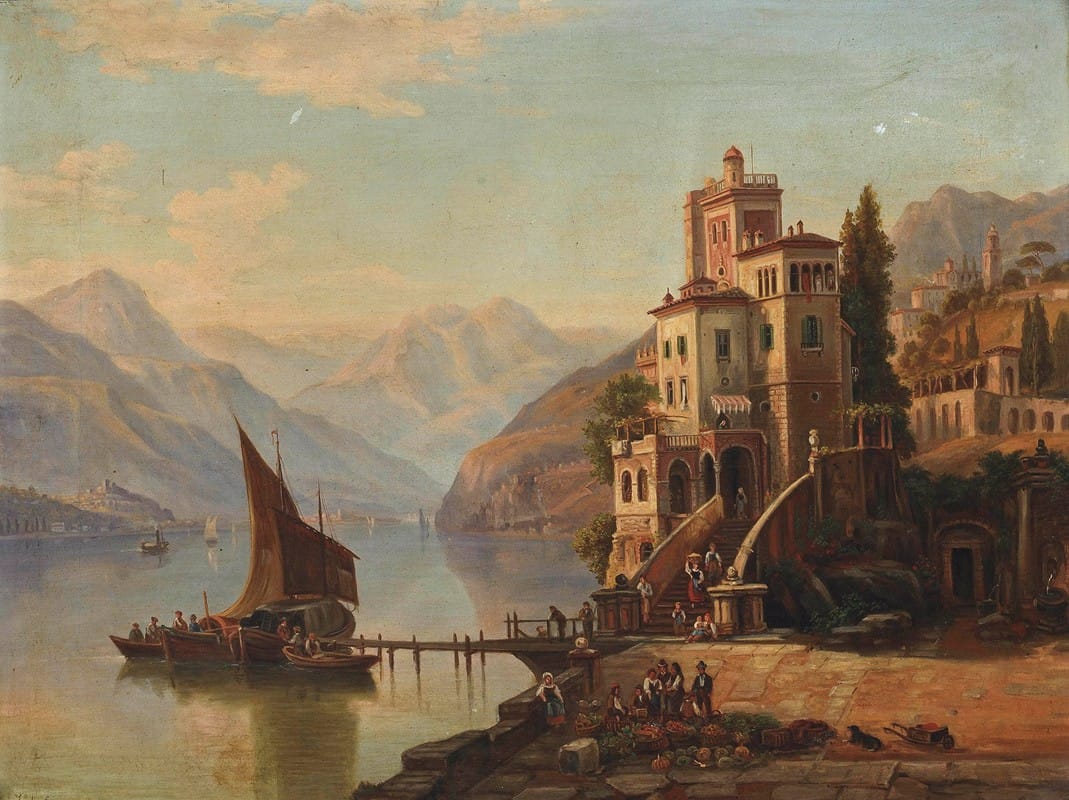 Henry Jackel - Loading barges at a villa, Lake Como
