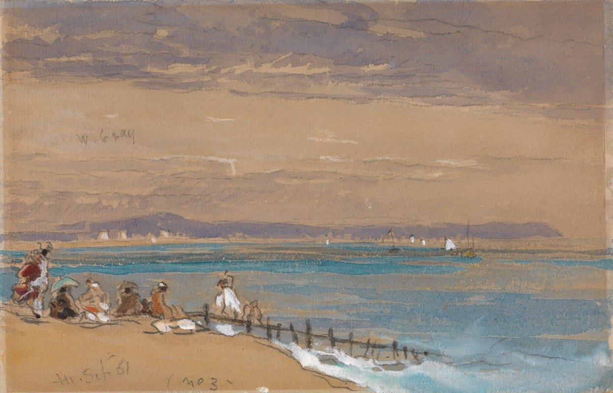 James Holland - Beach Scene with Figures by a Breakwater