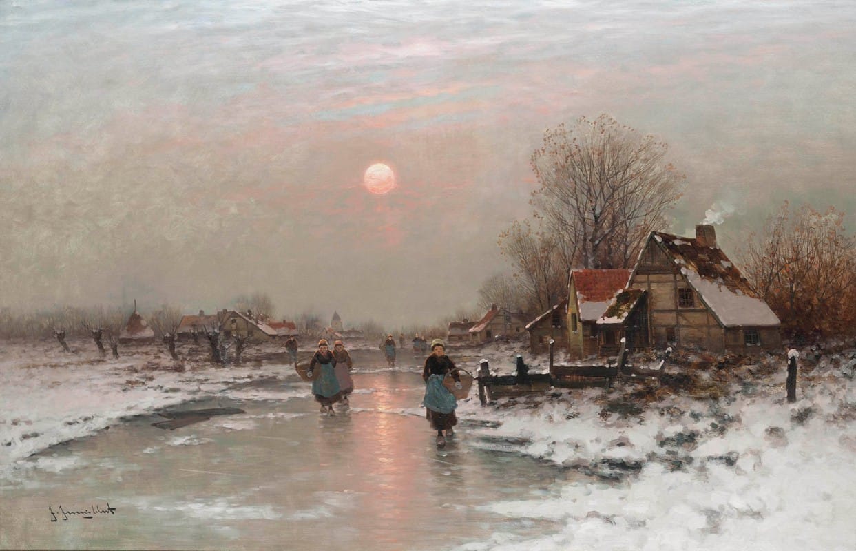 Johann Jungblut - Dutch peasants on a frozen waterway at sundown
