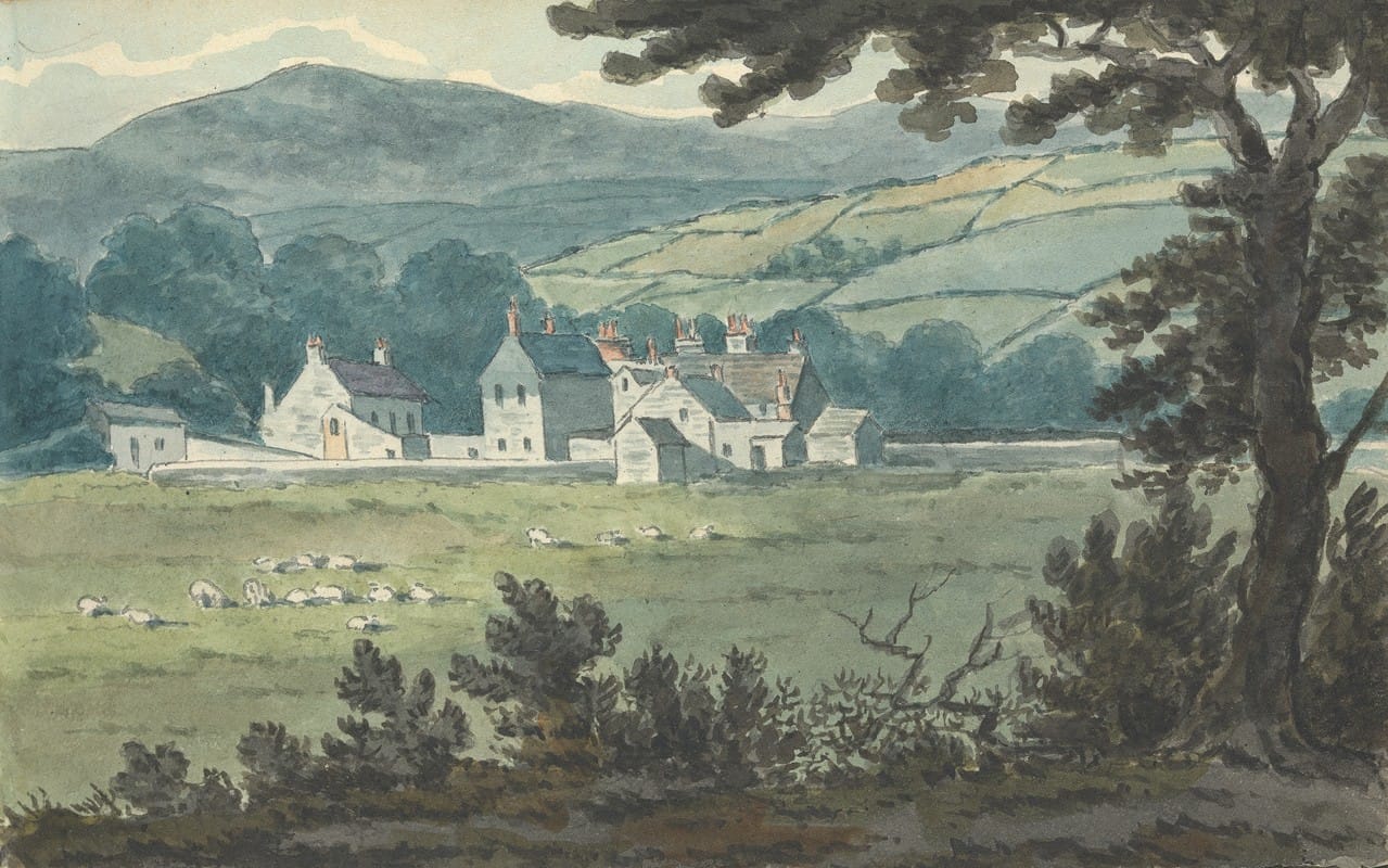Thomas Bradshaw - Rural Landscape Scene with Farm and Grazing Sheep