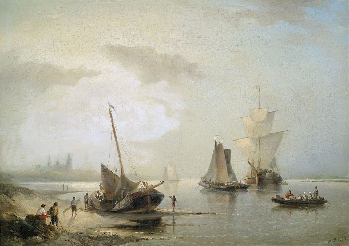 Nicolaas Riegen - Segelschiffe an holländischer Küste im Morgenlicht