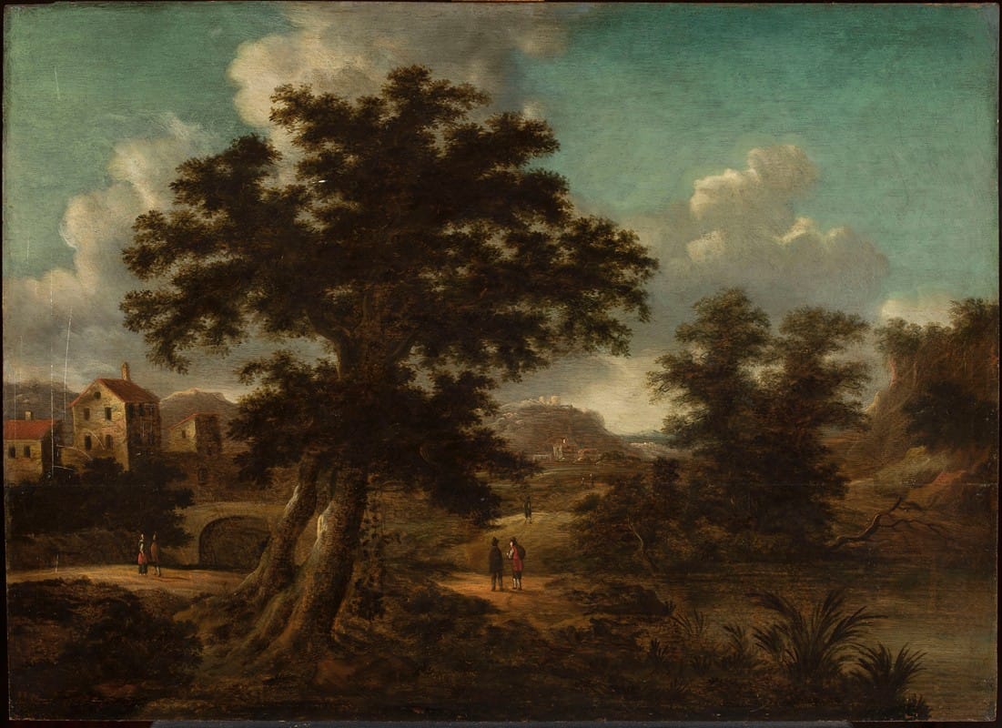Georg Heinrich Hergenröder - Landscape with a bridge, a large tree and travellers