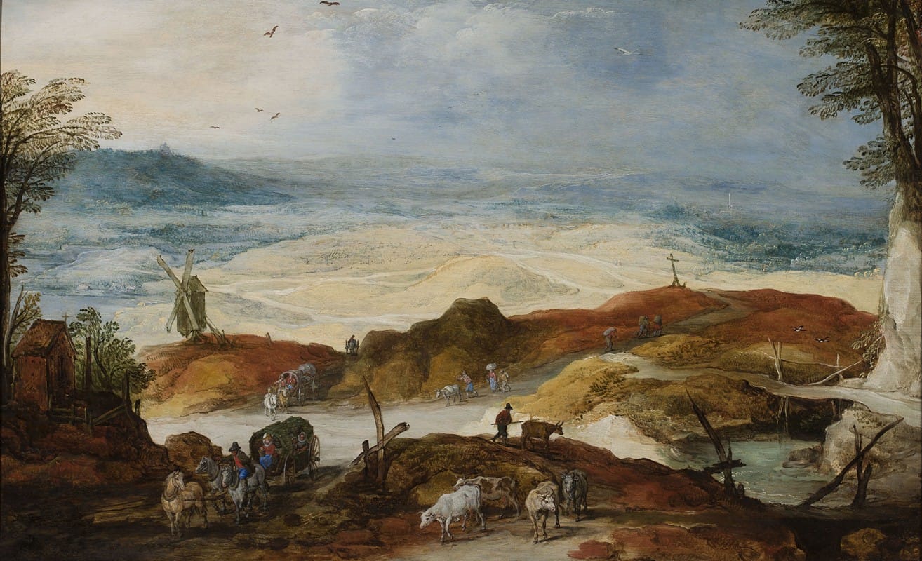 Joos de Momper the Younger - Sandy landscape with travellers and cattle