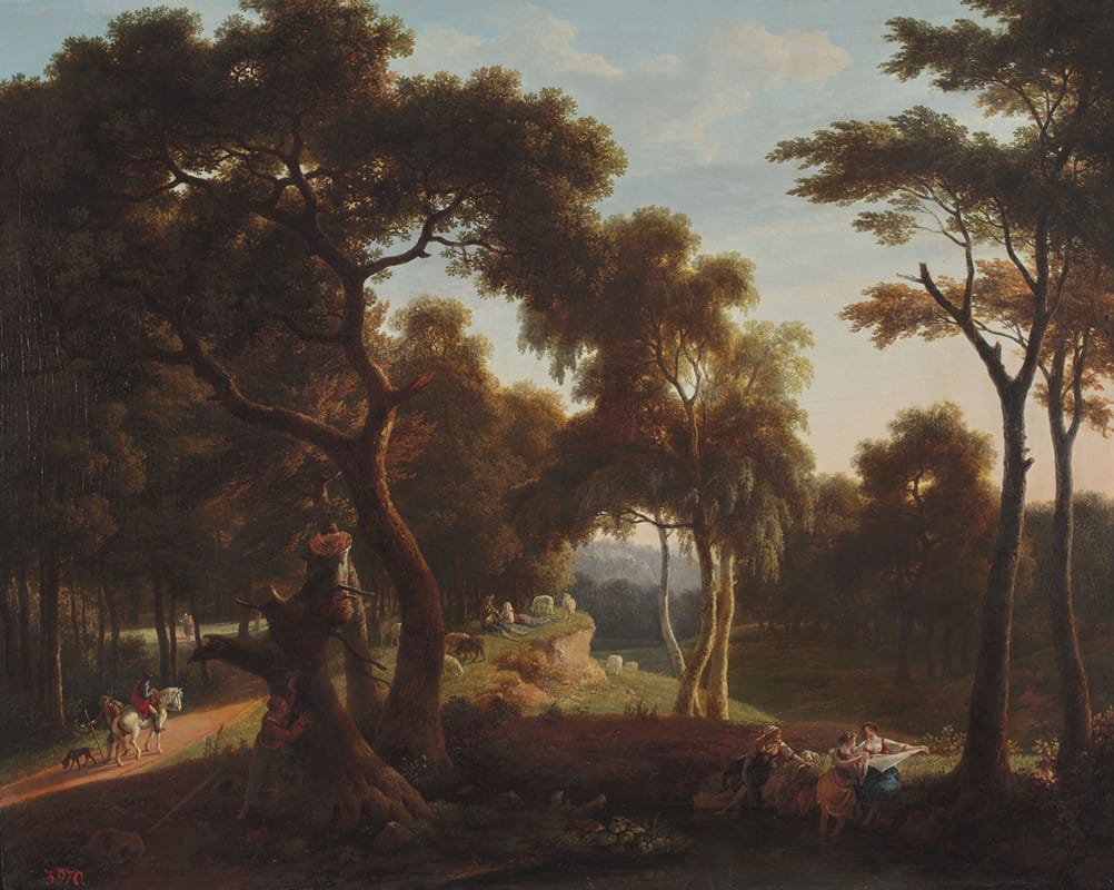 Pierre Jean Boquet - Landscape with laundresses at the waterside