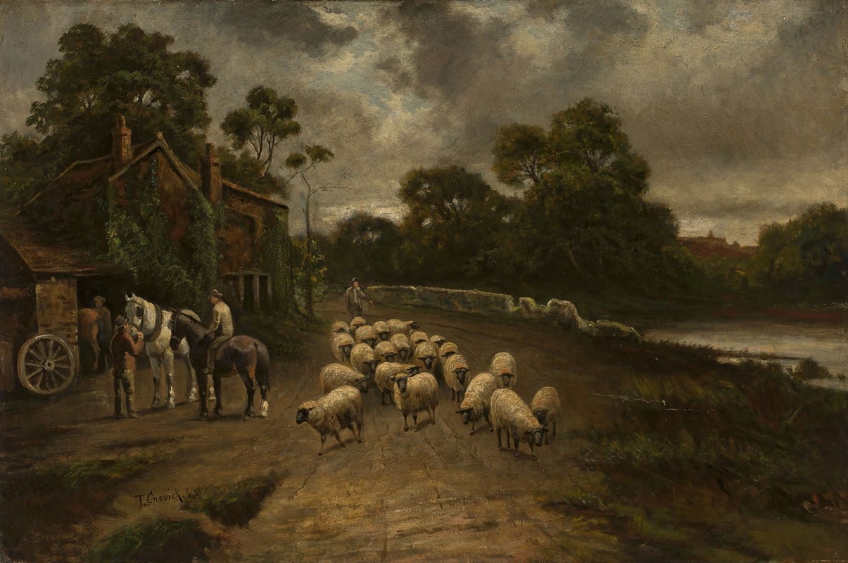 Thomas Creswick - Genre scene with a flock of sheep