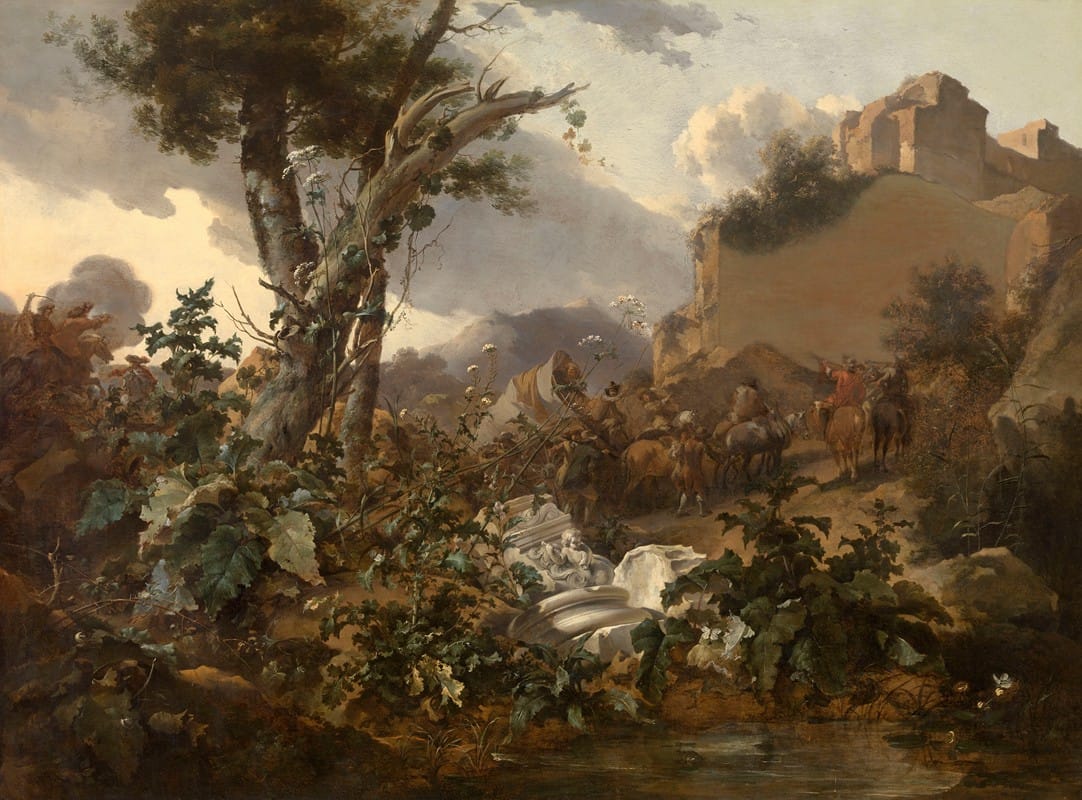 Nicolaes Berchem - Italian Landscape with a Cavalry Battle