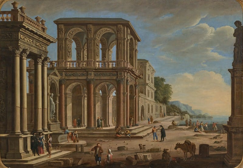 Alessandro Salucci - A capriccio with an ionic portico, a fountain, a two story loggia, a Gothic palace, and figures on a quay