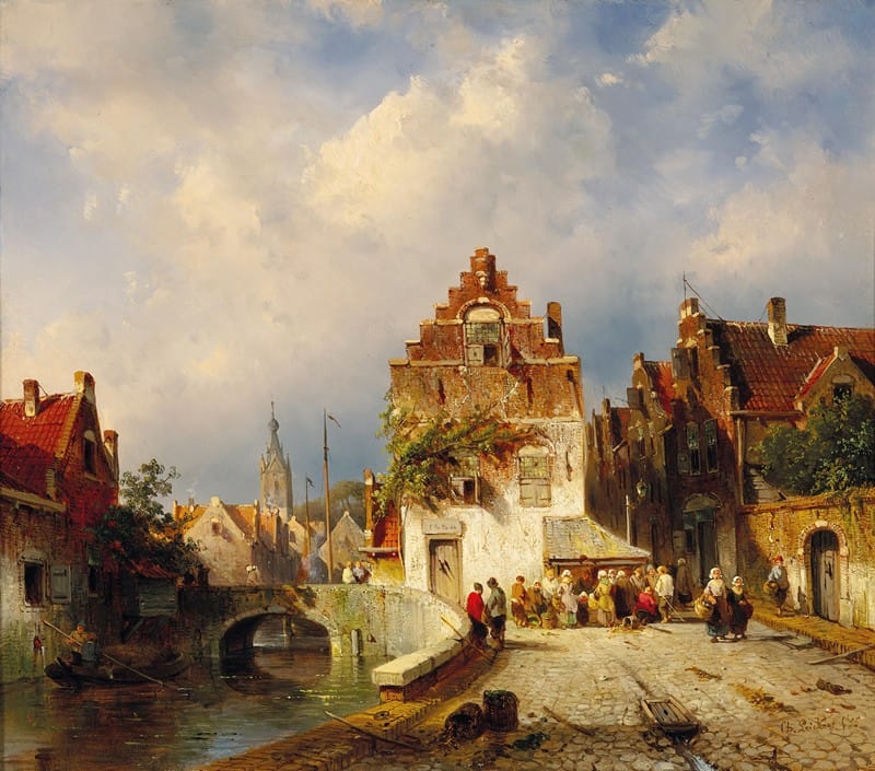 Charles Leickert - A Village Scene with a Bridge