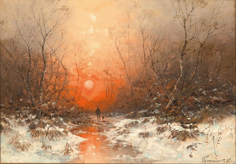 Désirée Thomassin - A Forest Path with Hunter at Sunset