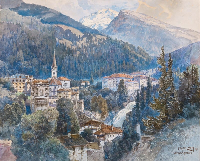 Fritz Lach - A view of Bad Gastein and the waterfall