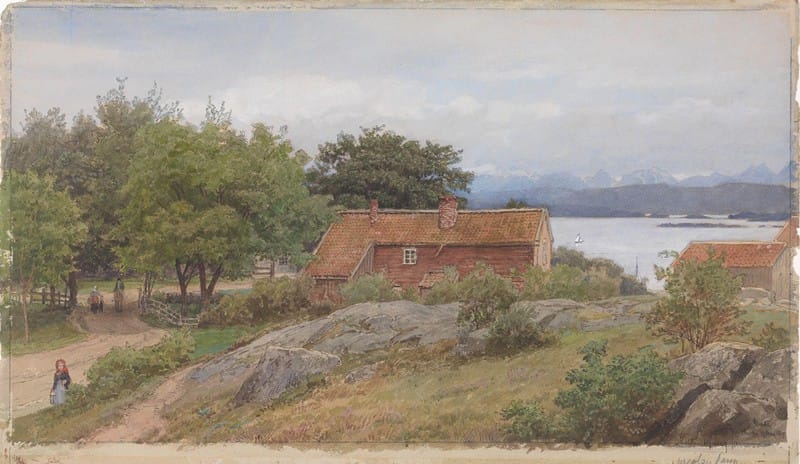 Hans Gude - Landskap med bondegård ved Molde