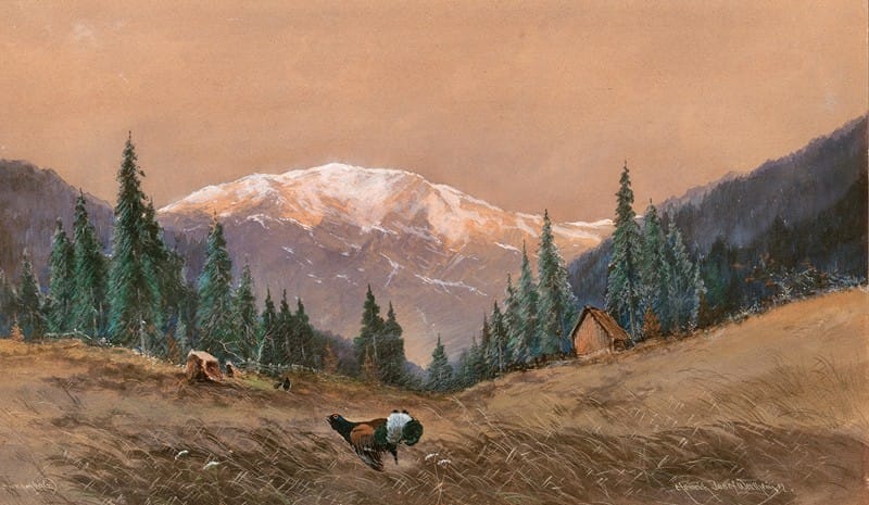 Heinrich Josef Wertheim - A capercaillie at the edge of a wood at sunset