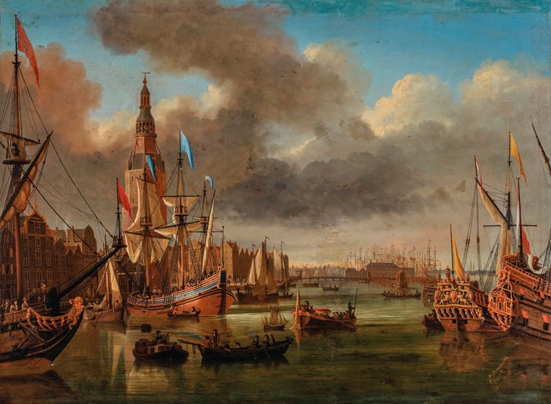 Jan Karel Donatus van Beecq - A view of the IJ, Amsterdam, with the Haringpakkerstoren and the Nieuwe Stadsherberg in the distance