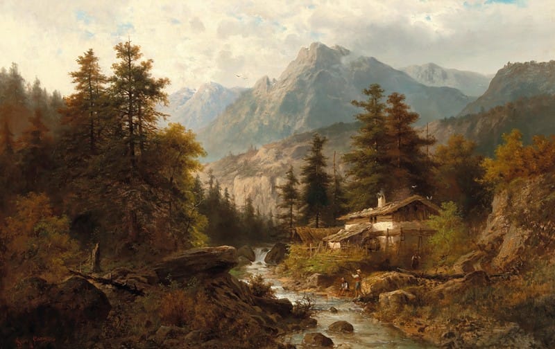 Julius Rose - A Mountain Mill with Fisherman at a Creek