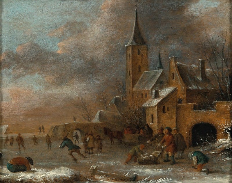 Klaes Molenaer - A winter landscape with skaters on the ice