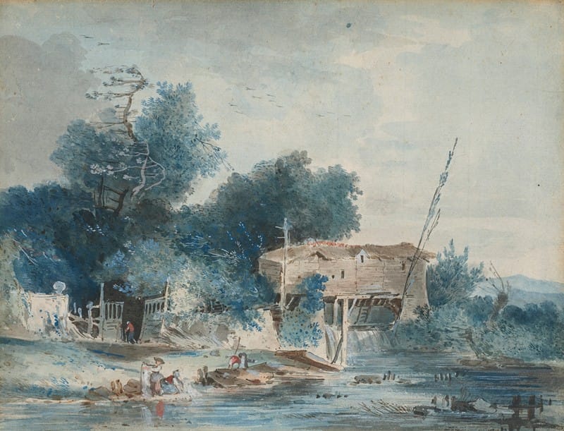 Louis Gabriel Moreau - A river landscape with washerwomen by a mill