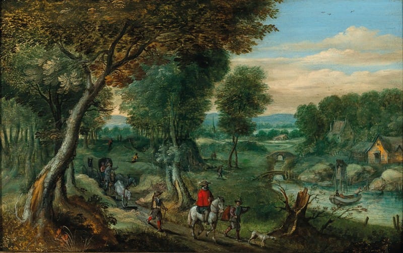 Mattheus Molanus - A wooded landscape with travellers by a river