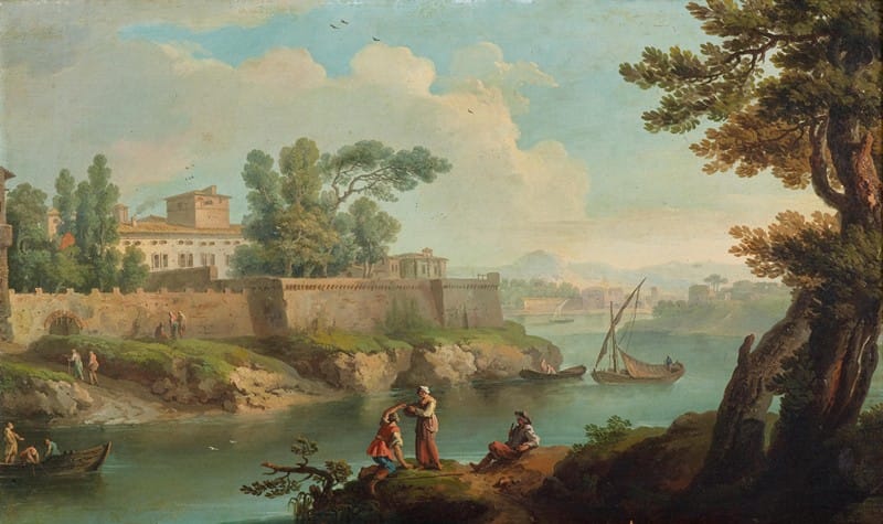 Paolo Anesi - A river landscape with fishermen and travellers at rest by a fortified village