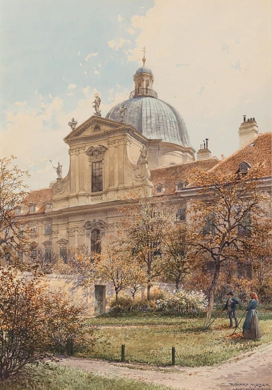 Richard Moser - A view of the church and monastery of the Visitation of the Virgin (church of the Salesian sisters) a gardener in the foreground
