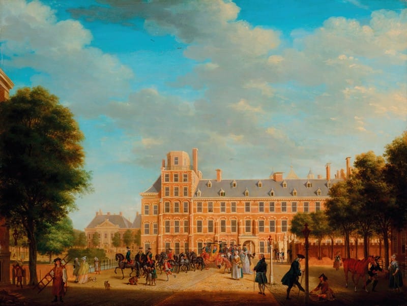 Tethart Philipp Christian Haag - A view of The Hague, with Prince William V and Duke Louis Ernest of Brunswick-Lüneburg leaving the Buitenhof