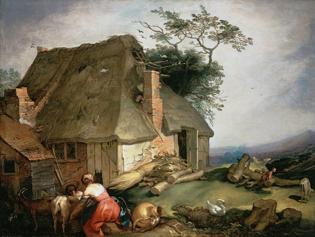 Abraham Bloemaert - A cottage with peasants milking goats