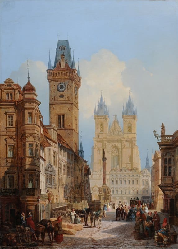 Auguste Mathieu - Vue de la Grande Place de Prague et de l’ancien Hôtel de Ville