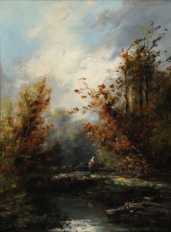 Auguste Rigon - Paysage avec cours d’eau et paysanne