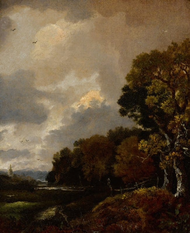 Thomas Gainsborough - Landscape with trees and a field, a church tower in the distance